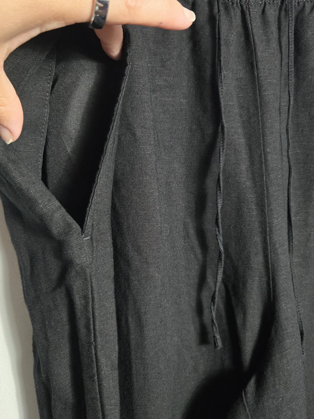 H&M Black Linen Blend Drawstring Elastic Waist Wide Leg Pants Trousers Large